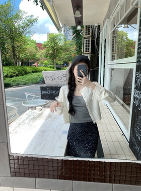 珍珍家镂空花纹设计针织开衫短款防晒小衫2025新款通勤简约薄上衣