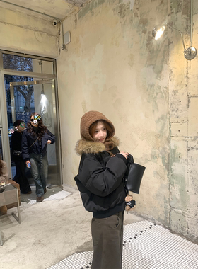 Zzhen珍珍查理士桥小翻领环保毛领90白鸭绒短款羽绒服保暖外套