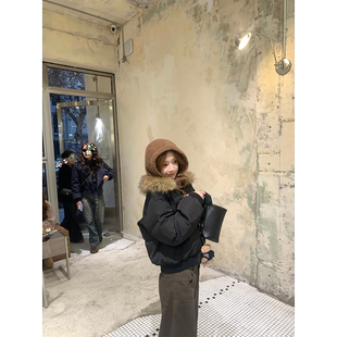 Zzhen珍珍查理士桥小翻领环保毛领90白鸭绒短款羽绒服保暖外套