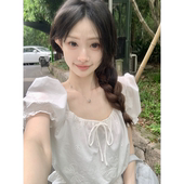 小衫 珍珍家 超嗲小白梨花边收腰显瘦系带泡泡袖 镂空绣花温柔上衣