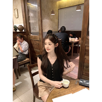 珍珍家 温柔v领显瘦雪纺小衫含吊带两件套花边纯欲短款小飞袖上衣