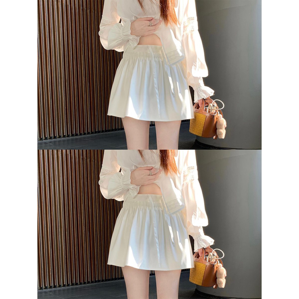 Zzhen百搭显瘦抽绳短裙高腰蓬蓬半身裙2026春夏新款白色甜美A字裙