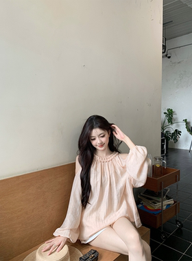 珍珍家西奈山少女温柔肌理感微光编织领露肩衬衣韩系甜美长袖上衣