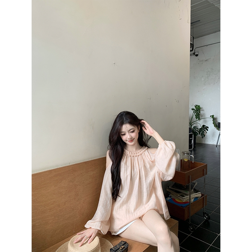 珍珍家西奈山少女温柔肌理感微光编织领露肩衬衣韩系甜美长袖上衣