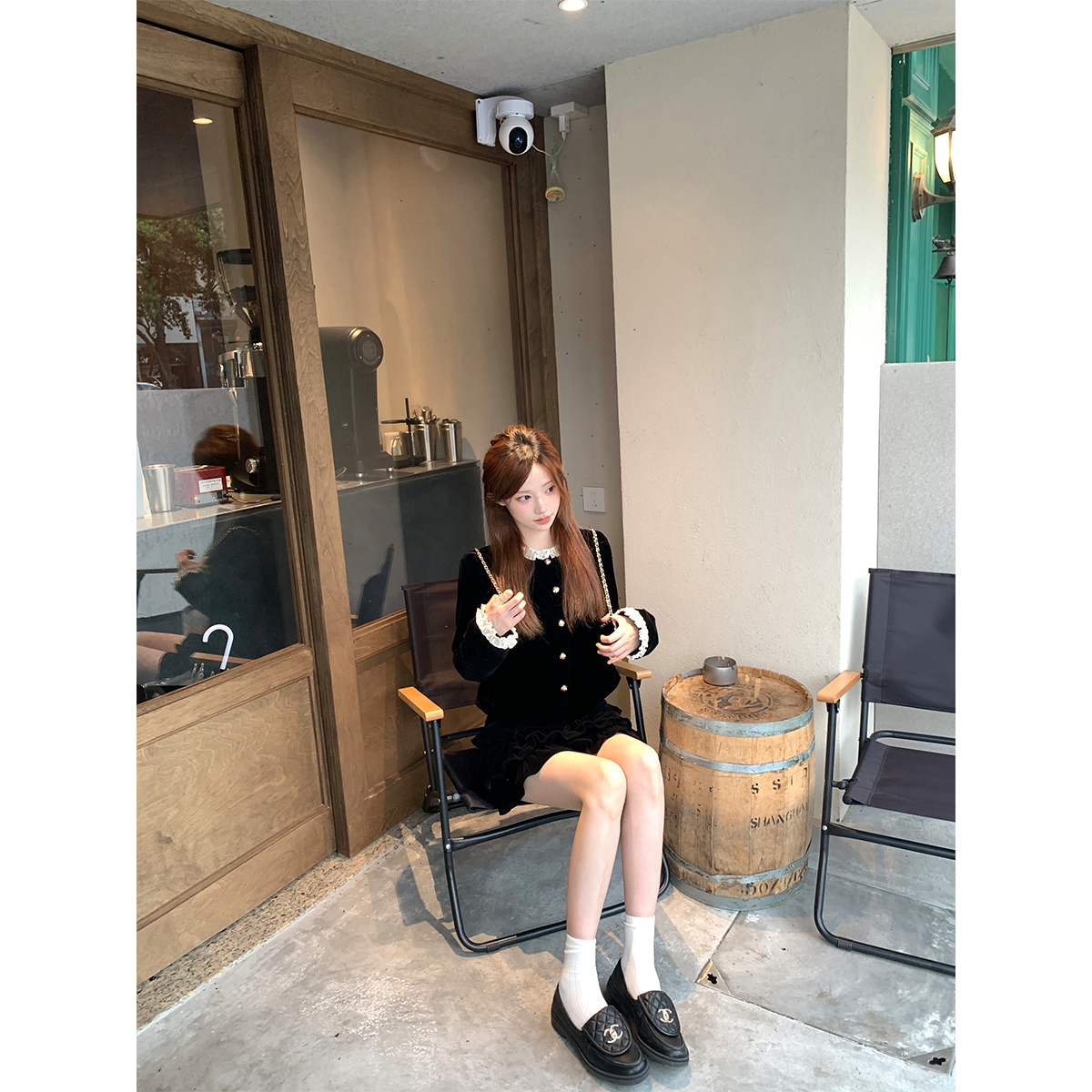 珍珍家千金感丝绒套装气质花边圆领上衣外套甜美减龄蛋糕裙两件套