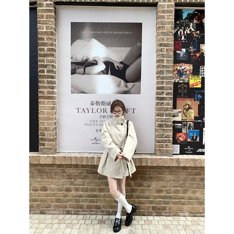 珍珍家 巴塞罗那韩系摩登ji简气质立领中长款风衣小个子bi入外套