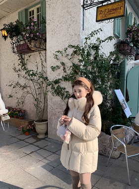 珍珍家 云端梦境温暖大毛领中长款收腰连帽羽绒服女冬季新款外套