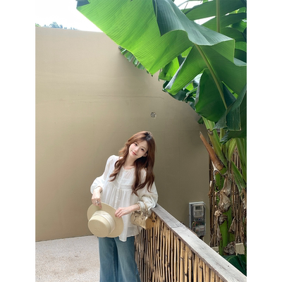 Zzhen珍珍 恋恋白茶轻盈仙气天丝苎麻花边设计感圆领衬衫优雅上衣