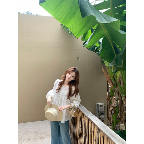 Zzhen珍珍 恋恋白茶轻盈仙气天丝苎麻花边设计感圆领衬衫优雅上衣