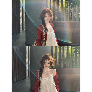 Zzhen 温柔v领显瘦红色绞花长袖针织开衫&吊带两件套春季新款套装