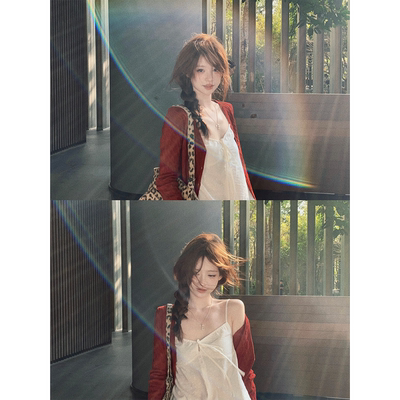 Zzhen 温柔v领显瘦红色绞花长袖针织开衫&吊带两件套春季新款套装