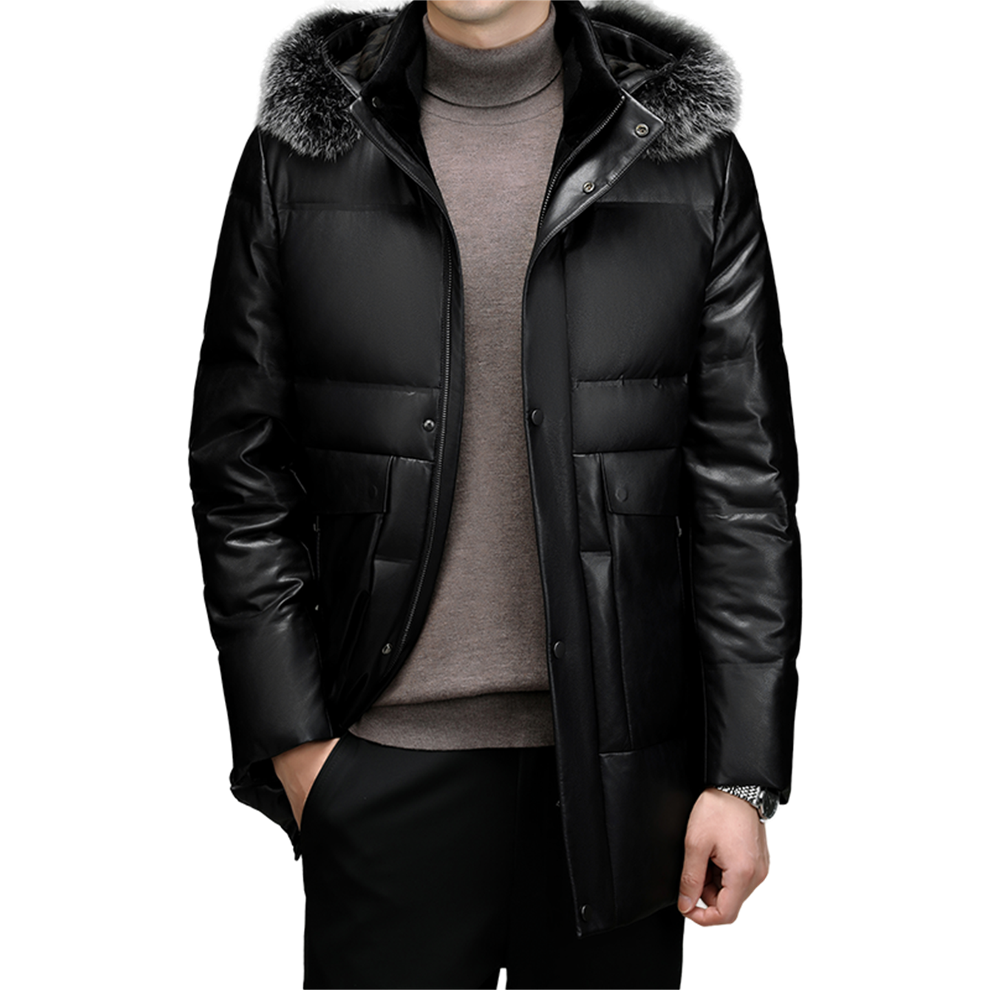 冬季中长款加厚狐狸毛领连帽海宁绵羊皮大衣真皮羽绒服男皮衣外套