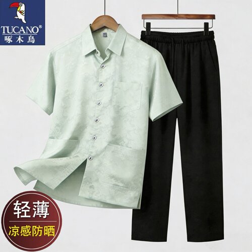 啄木鸟中老年夏季短袖衬衫套装