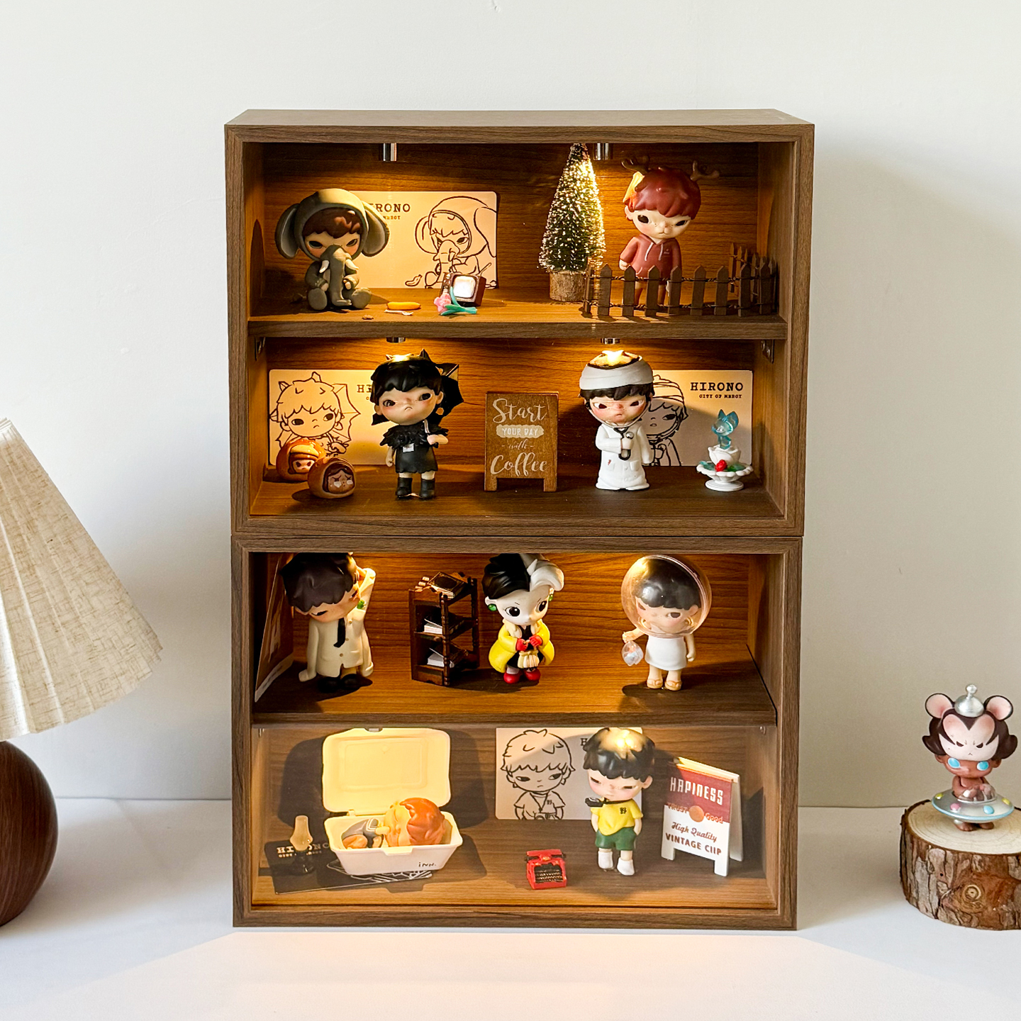 木质复古胡桃木纹手办盲盒双层收纳盒亚克力透明防尘防水展示架