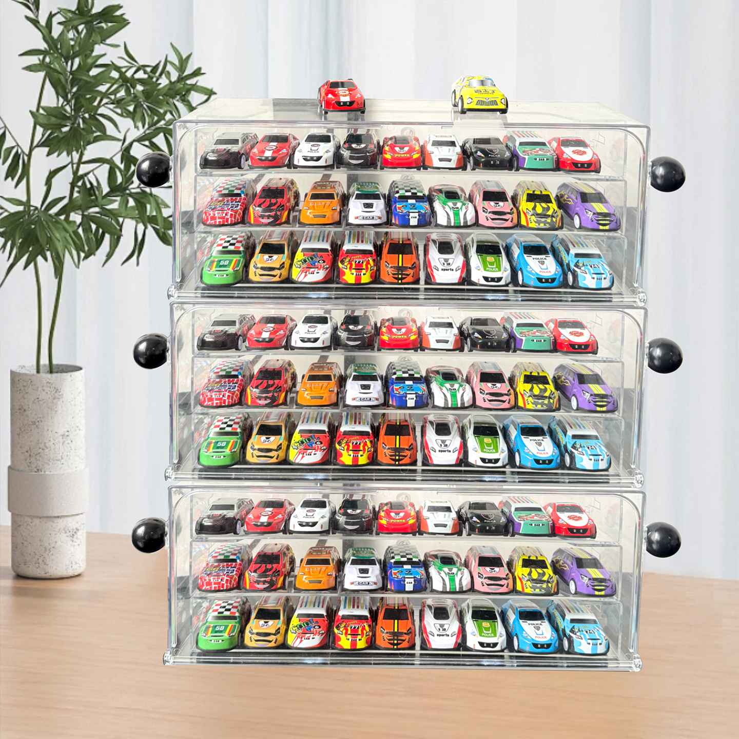 桌面小汽车收纳盒透明翻盖儿童玩具车1:64合金模型小汽车收纳盒