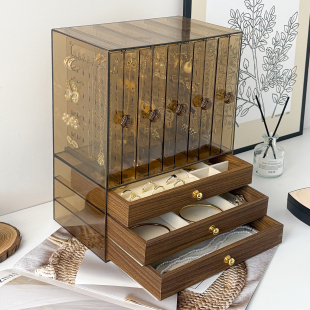 透明首饰收纳盒亚克力项链戒指耳钉展示架中古风手链挂架抽屉抽拉