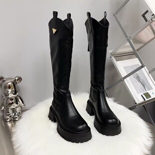 小个子不过膝厚底长靴女2025秋季 高跟粗跟高筒靴后拉链骑士靴 新款