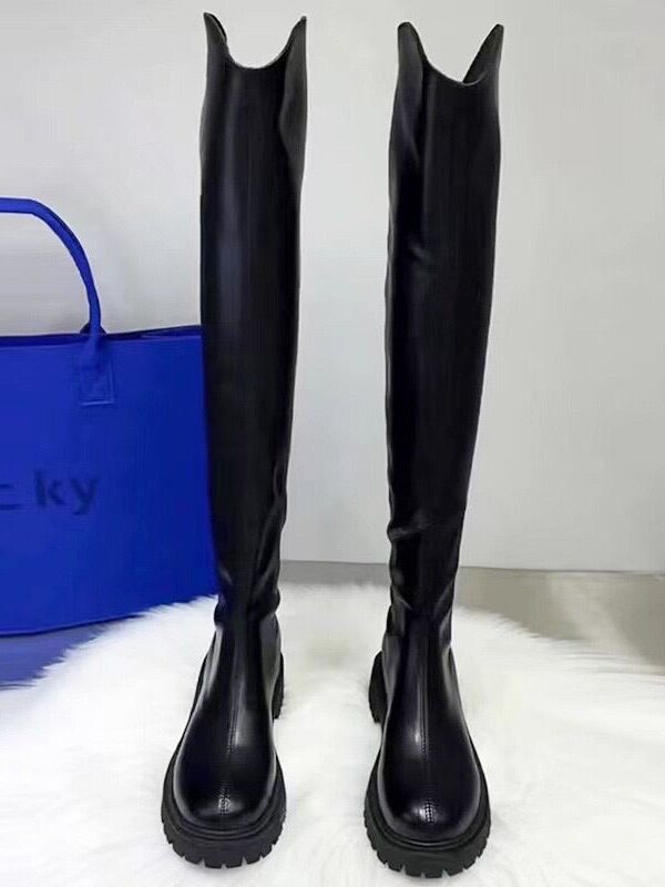 Over-the-knee boots, new spring slimming long leather boots, thick-soled flat riding boots, high-top Martin boots, plus-size women's boots