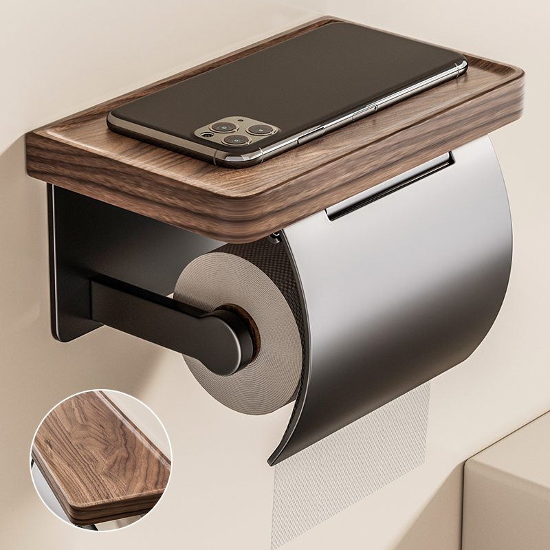 胡桃木卷纸架免打孔双用置物架