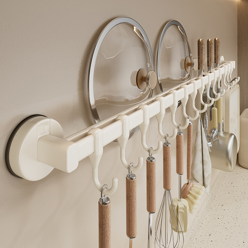 映生活奶油风吸盘式厨房挂杆挂钩