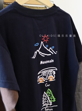 秋~时髦儿童假两件长袖T恤圆领宽松纯棉亲肤厚长袖深色男女中心帅