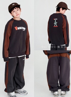 OLL 铁灰色秋冬加绒男孩宽松卫衣卫裤运动两件套低调拼色百搭帅气
