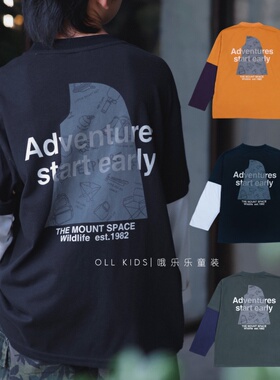 OLL自制秋款山系男孩假两件字母印花长袖T恤衫宽松版型时尚百搭63