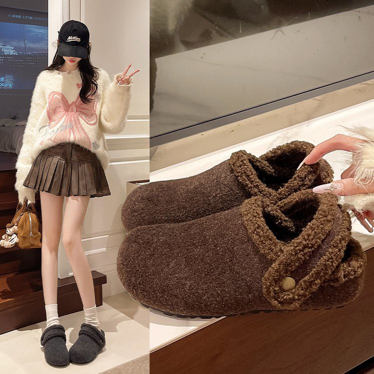 厚底勃肯鞋女2025新款冬季加绒加厚保暖棉鞋一脚蹬懒人包头半拖鞋