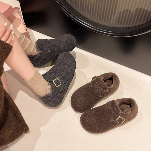 全包勃肯鞋女2025冬季新款加绒加厚增高显瘦一字扣保暖棉鞋毛毛鞋