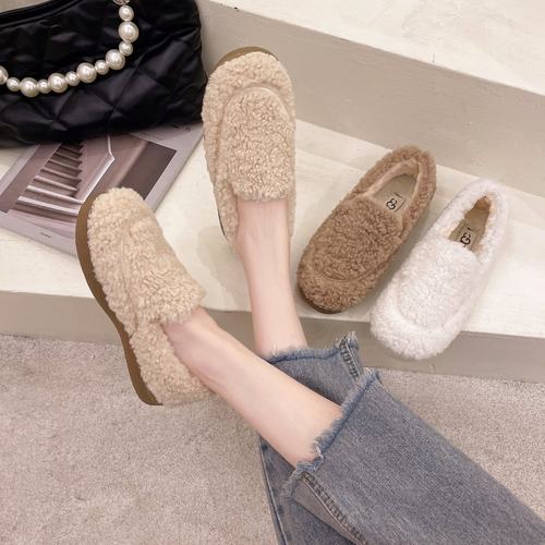 毛毛鞋女秋冬外穿2025年新款松糕厚底羊羔毛白色一脚蹬豆豆鞋孕妇