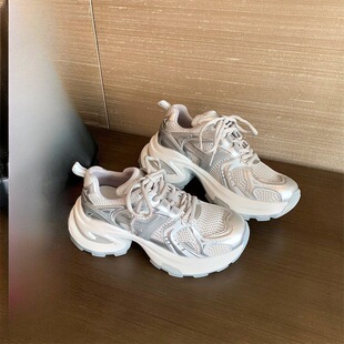 巴黎旧刊~马皮银白色增高厚底运动休闲鞋女老爹鞋