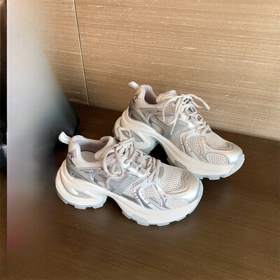 巴黎旧刊~马皮银白色增高厚底运动休闲鞋女老爹鞋