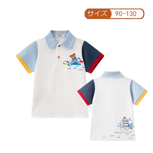 日系polo衫~出口日本26新儿童蓝领翻领短袖男童夏季刺绣拼色t恤衫