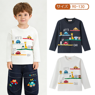 miki日单儿童春秋款打底衫男童刺绣卡通小动物汽车圆领T恤衫上衣