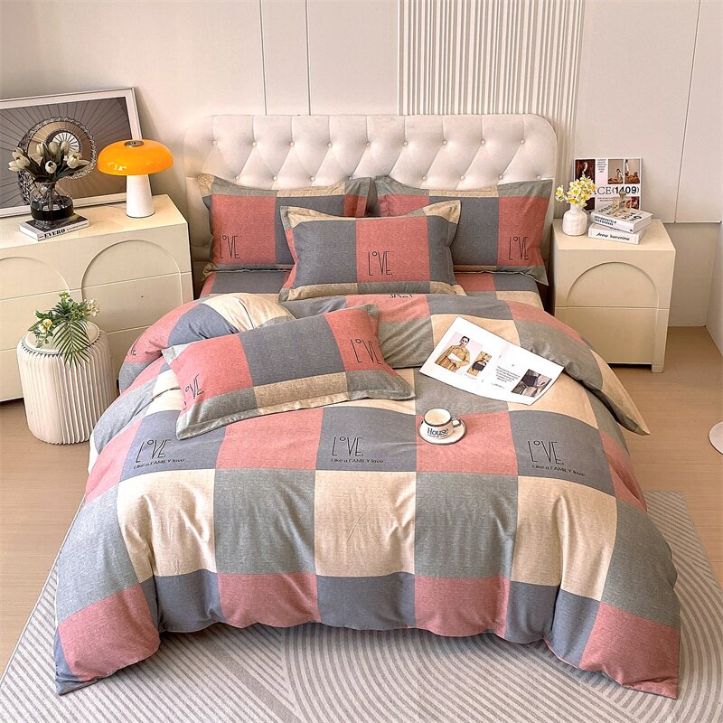 简约大方格床品套件全棉磨毛四件套浅灰豆沙粉浅咖色床单被套纯棉