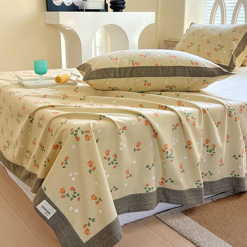 A类全棉老粗布床单单件原棉加厚床垫单单人凉感炕单奶黄浅咖碎花