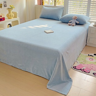 天蓝浅蓝色加厚牛奶绒床单单件冬季法兰绒珊瑚绒被单1.21.51.8米