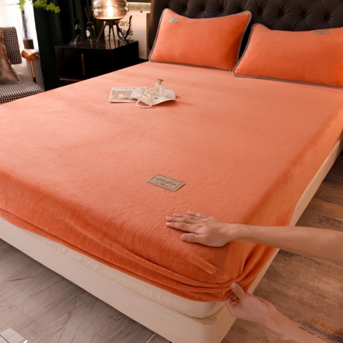 舒适柔软牛奶绒床笠单件冬季保暖橙黄桔子黄色防滑床垫罩1.21.5米