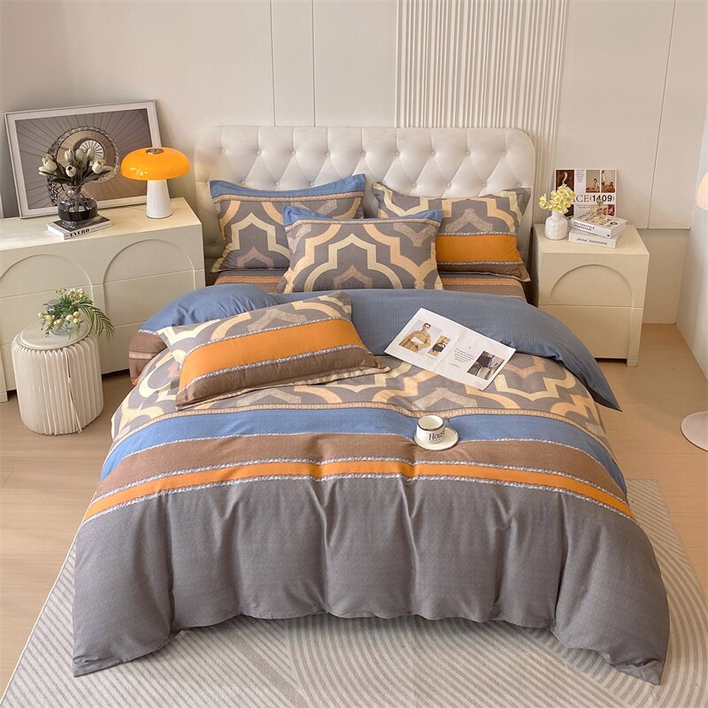 条纹潮流床品套件全棉磨毛四件套橘黄浅灰咖啡色床单被套单人双人
