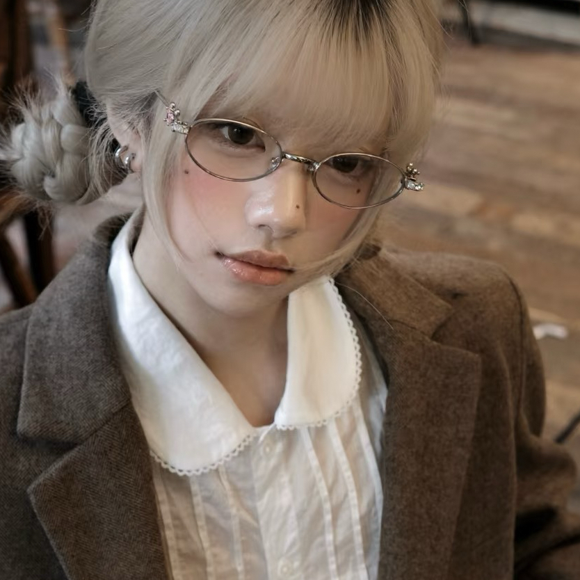 日系银色镶钻金属椭圆形平光镜复古小框粉钻时尚近视度数眼镜架潮