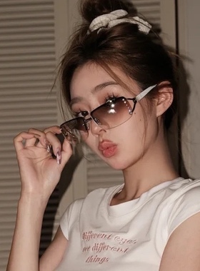 好米美式中古辣妹镶钻无框质感墨镜方形千禧年y2k时尚太阳镜拍照