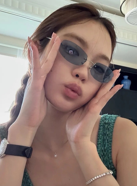 空气蓝Jennie无边框兰色墨镜中古复古千禧辣妹拍照氛围太阳眼镜女