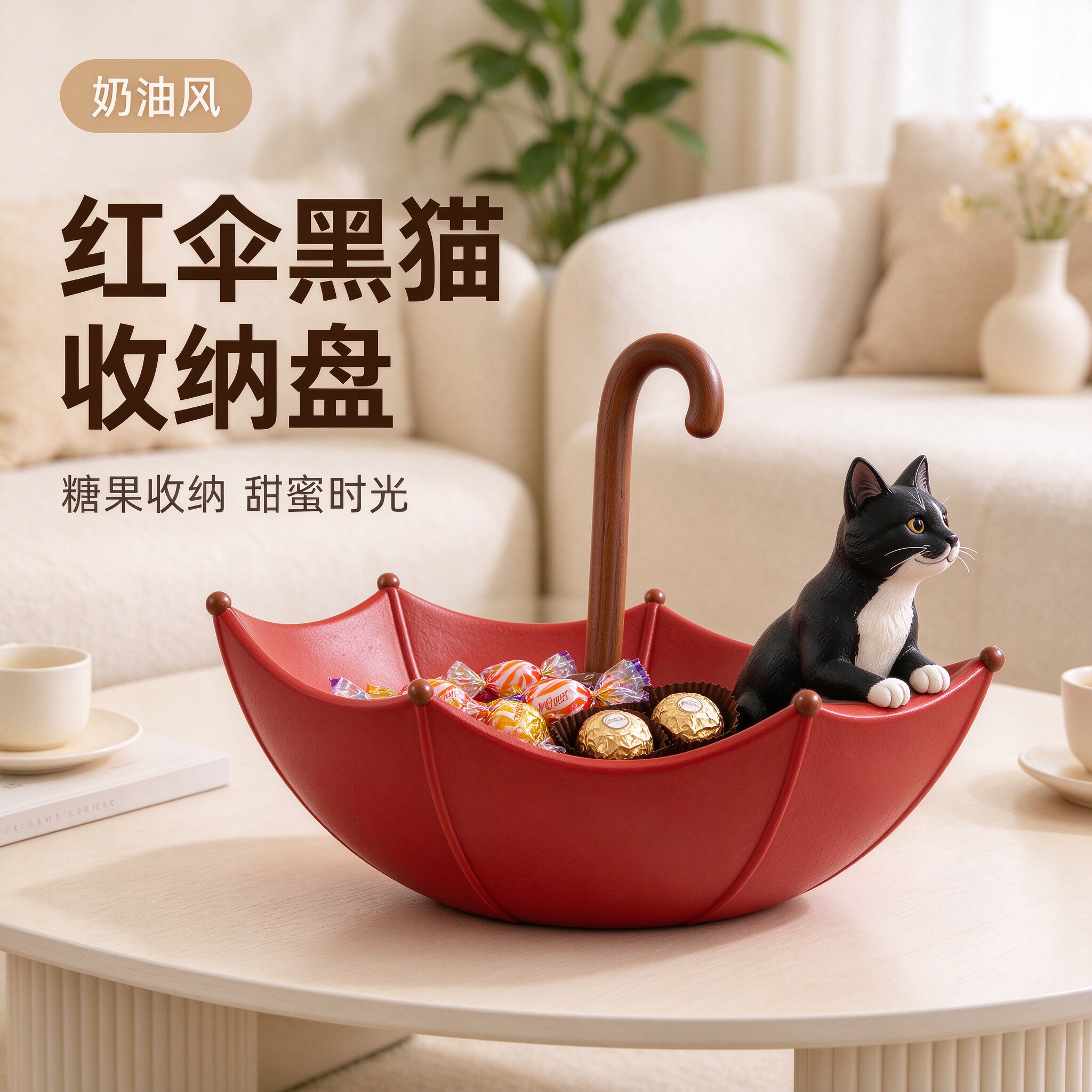 治愈系雨伞黑猫家居客厅入户玄关处杂物钥匙收纳糖果零食置物摆件