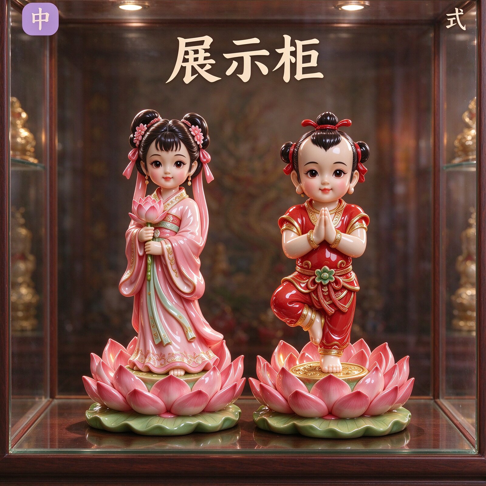中式招财保平安寓意好金童玉女家用茶室茶几玄关拜拜开业店铺摆件