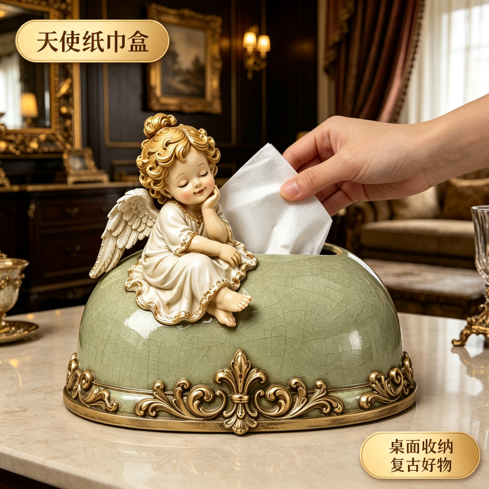 2026新款复古法式小天使纸巾盒家居客厅家用抽纸盒茶几装饰品摆件