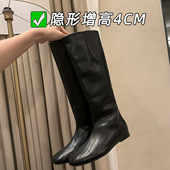 牛皮版 增高4cm 百搭平底柔软加绒瘦瘦靴中筒骑士长靴女