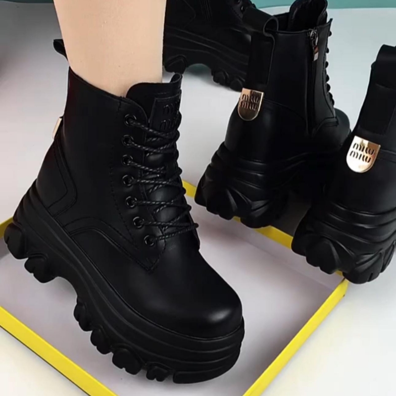 啄木鸟品牌撤柜真皮厚底马丁靴女2025秋冬新款英伦风小个子增高加