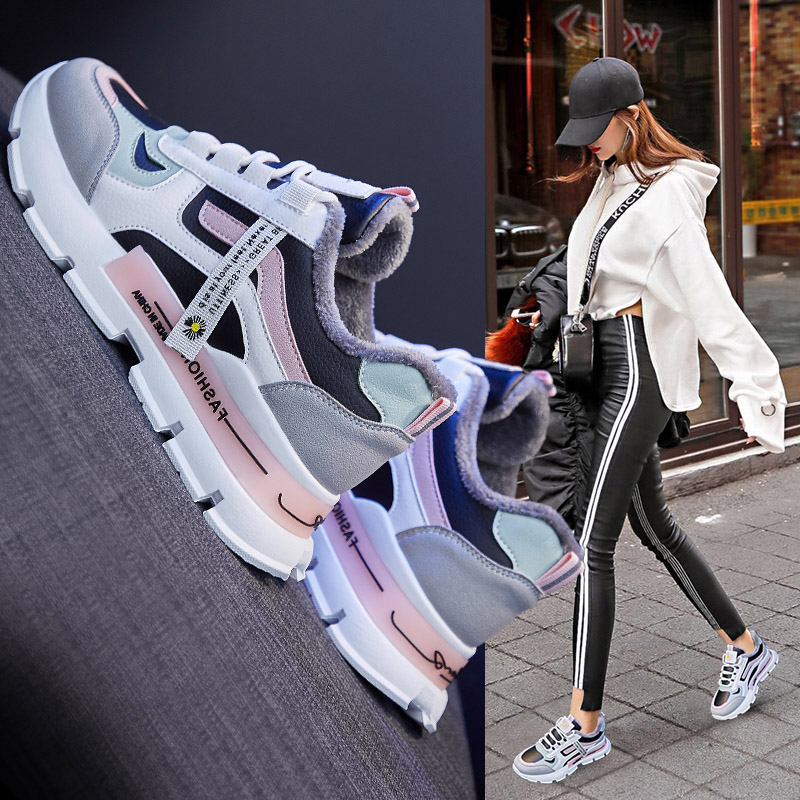 啄木鸟加绒老爹鞋女2025冬季新款韩版休闲平底百搭跑步鞋运动鞋保