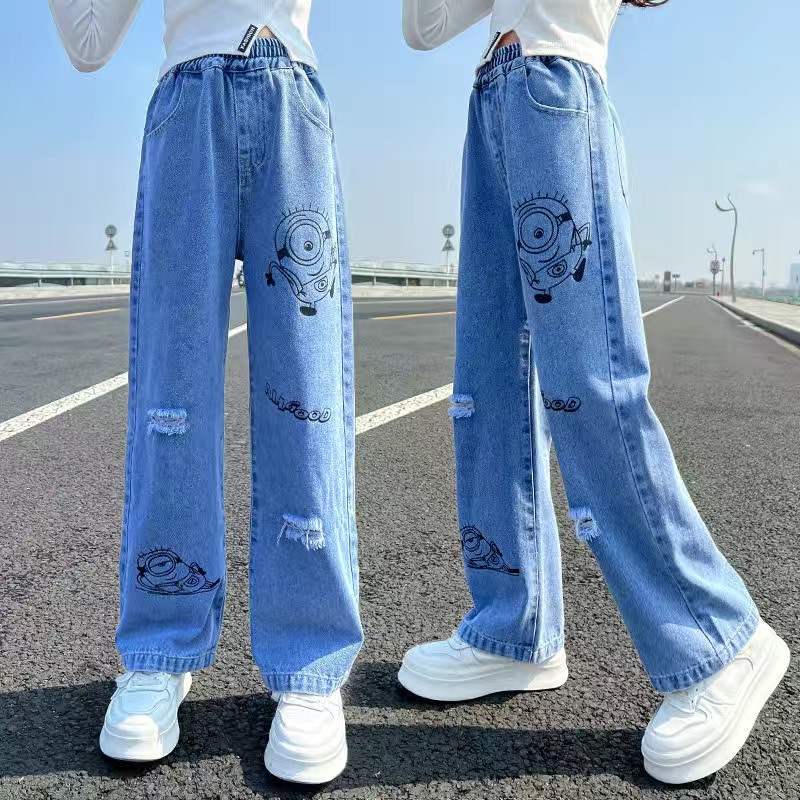 女童裤子舒适牛仔宽松直筒春秋