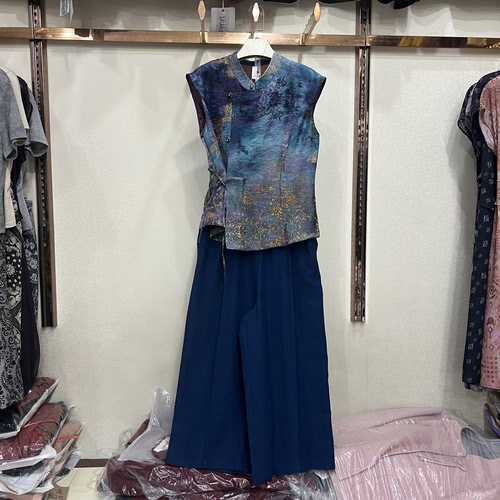 商场同款86107-1新中式国风套装女复古提花无袖马甲+阔腿裤两件套